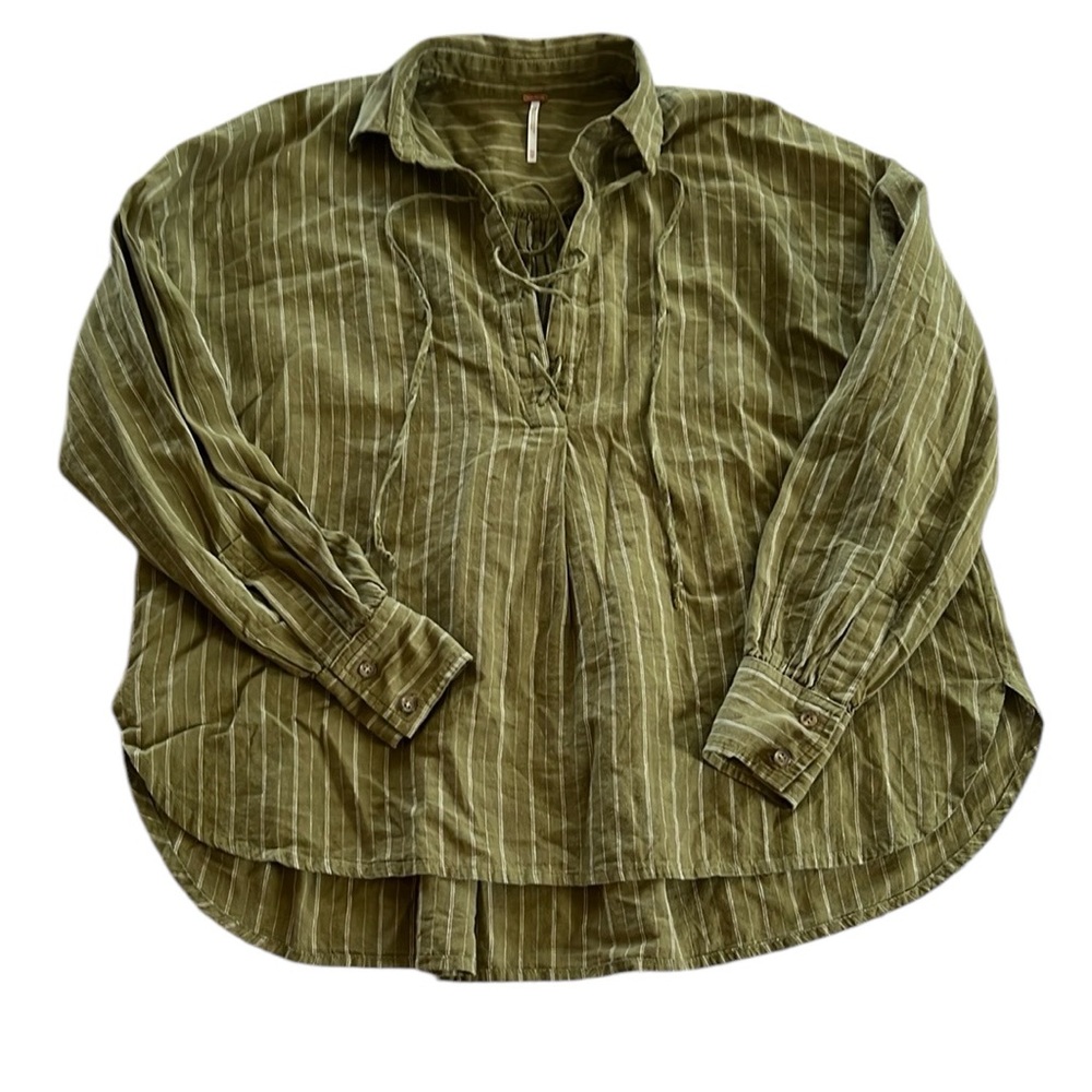 Free People Green Cuffed Sleeve Button Down Shirt